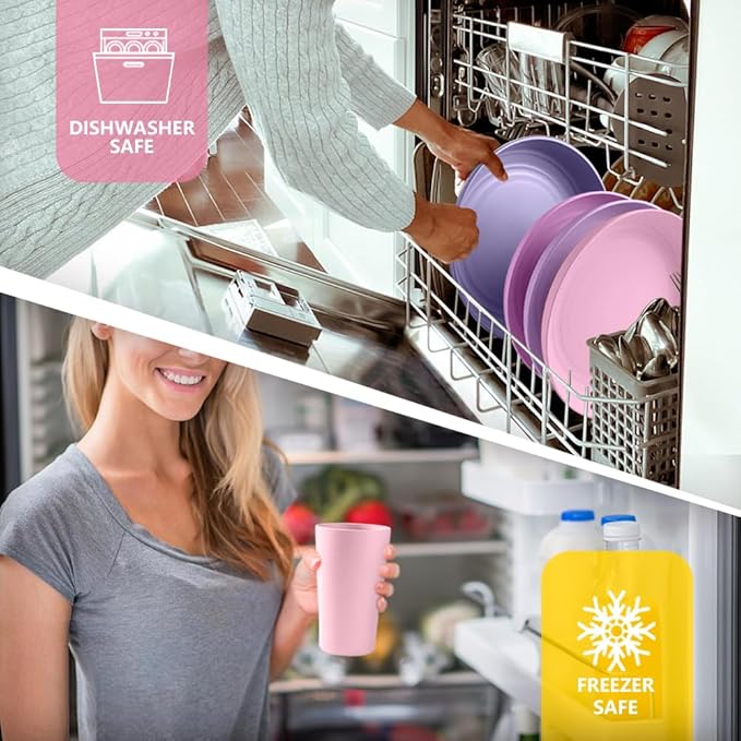 Teivio 32-Piece Kitchen Plastic Wheat Straw Dinnerware Set, Service for 8, Dinner Plates, Dessert Plate, Cereal Bowls, Cups, Unbreakable Colorful Plastic Outdoor Camping Dishes, Purple Ombre