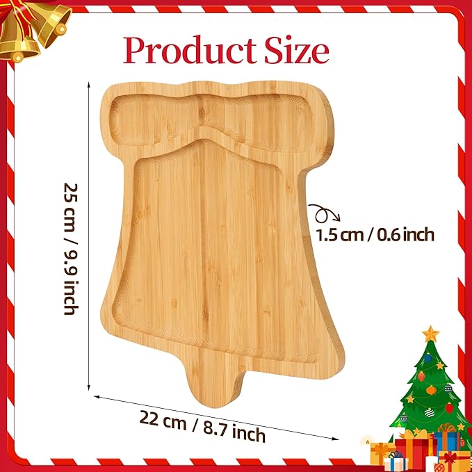 TJ POP Christmas Bamboo Serving Tray – Bell Shape – Holiday Wooden Snack Dish for Candy, Cookies, Nuts – Rustic Christmas Party Table Decoration