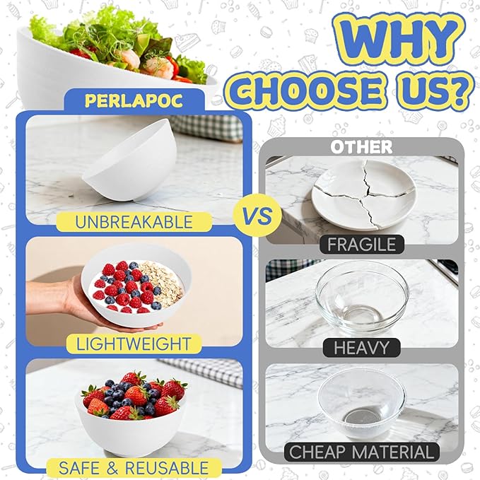 Wheat Straw Bowls 26 OZ, Plastic Bowls Reusable, Unbreakable Cereal Bowls Set of 6, Small Soup Bowl Salad Bowl for Kitchen, Microwave & Dishwasher Safe, White