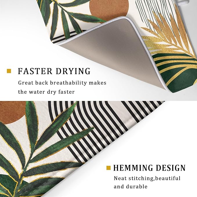 Boho Leaves Dish Drying Mat 18x24 inch Mid Century Absorbent Drainer Rack Mats Fast Dry Bottles Dish Dry Pad Protector Kitchen Accessories