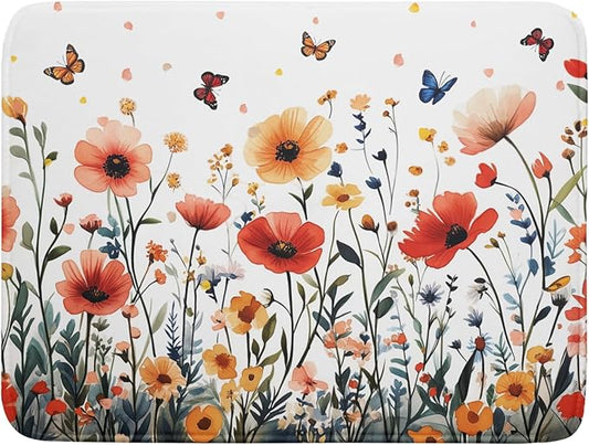 Poppy Flower Dish Drying Mat 18x24 Inch Floral Leaves Dish Drainer Protector Pad Washable Reversible Drying Pad for Kitchen Counter Sink