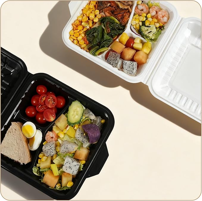 50-Pack 8x8 Inch Clamshell Take Out Food Containers|Lunch Containers with Compartments |Microwavable, Freezer Safe, Soak-Resistant, Durable, Stackable for Pasta Salad Sandwich(White)