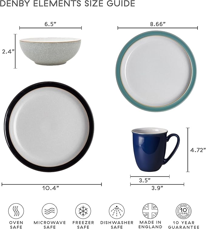 Denby - Elements Black 3 Piece Set For 1 - Contemporary One Person Ceramic Tableware - Dishwasher & Microwave Safe, Scratch Resistant Stoneware - Includes 1 x Large Plate, Side Plate & Cereal Bowl
