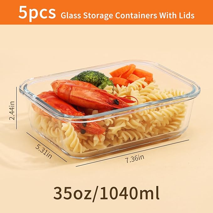 5-Pack Glass Storage Containers,Glass Food Container with Lid,Lunch Box,Bento Box,Storage Box,Meal Prep Containers,Lunch Containers, Fruit Preservation Boxes-White