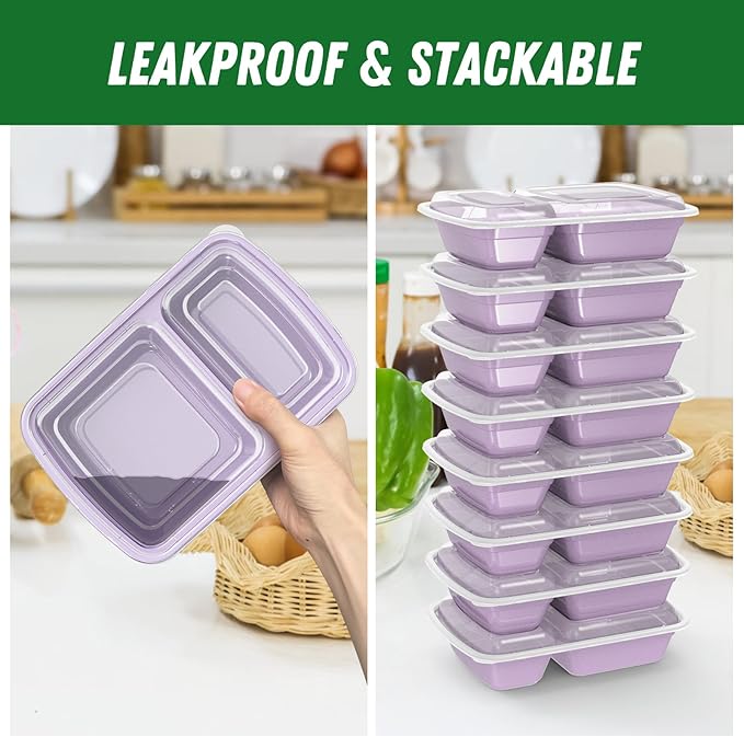 50 Pack (100-Piece) 28 oz Meal Prep Containers Reusable with Lids 2-Compartment, Sturdy Leakproof Food Safe, Microwave Freezer Dishwasher Safe, To Go Take Out Plastic Food Storage, Lilac