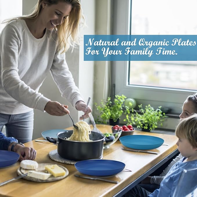 Wrova Wheat Straw Salad Plates - 9 Inch Unbreakable Dinner Set of 8 Dishwasher & Microwave Safe Plastic Reusable Lightweight for kitchen,camping (Ocean),Ocean Series:Gradient Blue