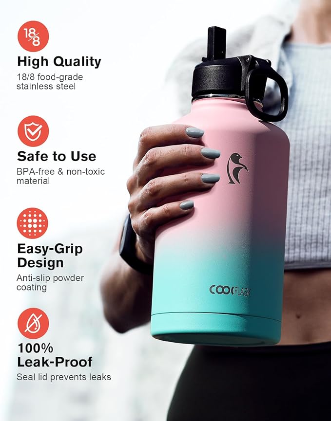 Water Bottle Insulated 64 oz with Straw & 3 Lids, Coolflask Half Gallon Water Jug Large Metal Stainless Steel Wide Mouth, Non-BPA Keep Cold 48H Hot 24H, Bubblegum Princess