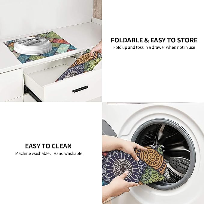 Retro Boho Dish Drying Mat 16x18 Inch, Microfiber Absorbent Fast Dry Mat Mandala Large Dish Mat Drying Kitchen Mat, Kitchen Drying Pad for Kitchen Counter Coffee Bar Decor Gifts