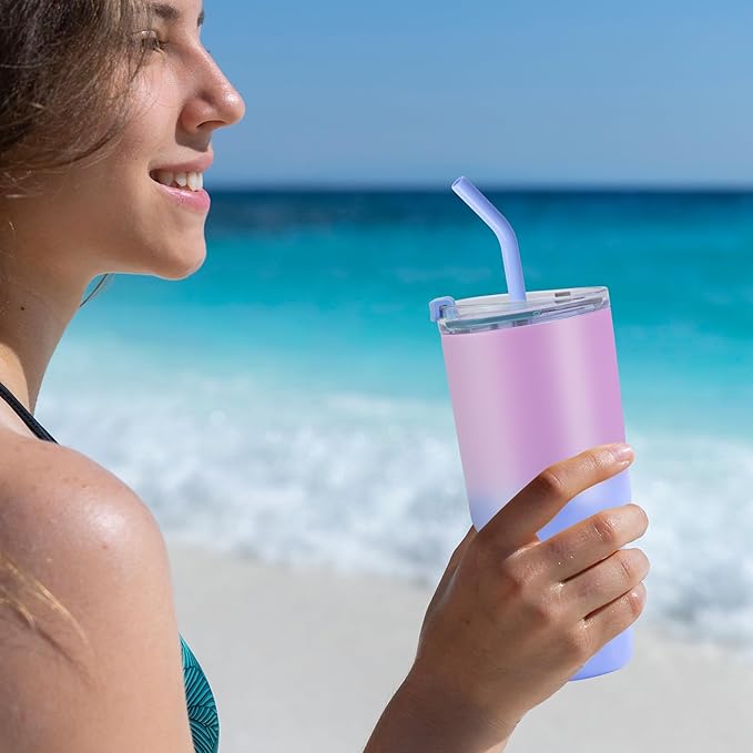 VEGOND 30 oz Insulated Stainless Steel Tumbler with lid and straw Double Wall Vacuum Travel Coffee Mug with Non-Slip Silicone Base, Sweat Proof Powder Coated Cup for Hot Cold Drinks, Blue and Purple