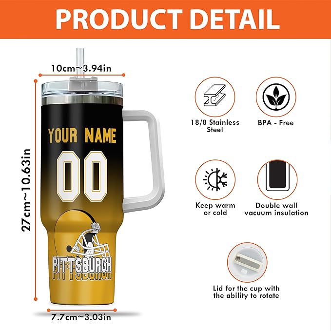 Football Personalized 40oz Insulated Travel Mug with Handle & Straw, Stainless Steel Custom Tumbler, Name & Number Cup, Sports Gift for Men Women (Pittsburgh)