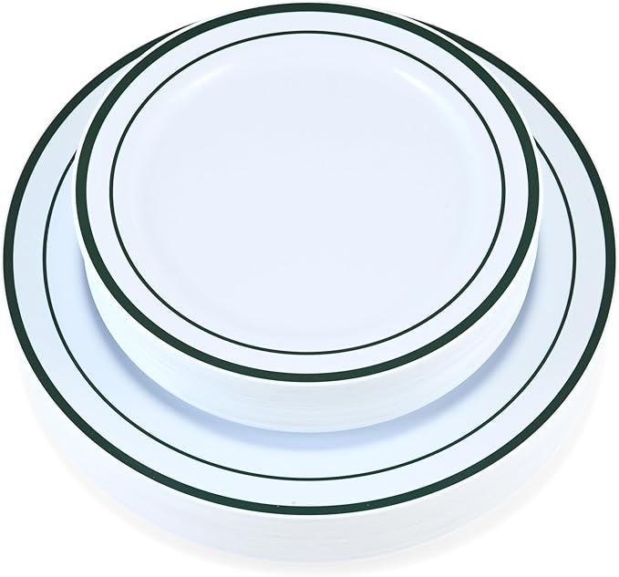 60 Pieces White Plastic Disposable Plates - Premium Heavy-Duty 30 Dinner Plates & 30 Salad Plates with Hunter Green Rim Ideal for Party, Birthday and Special Events