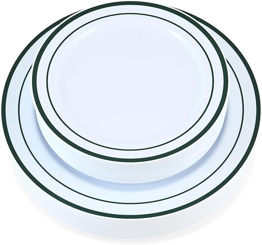 60 Pieces White Plastic Disposable Plates - Premium Heavy-Duty 30 Dinner Plates & 30 Salad Plates with Hunter Green Rim Ideal for Party, Birthday and Special Events