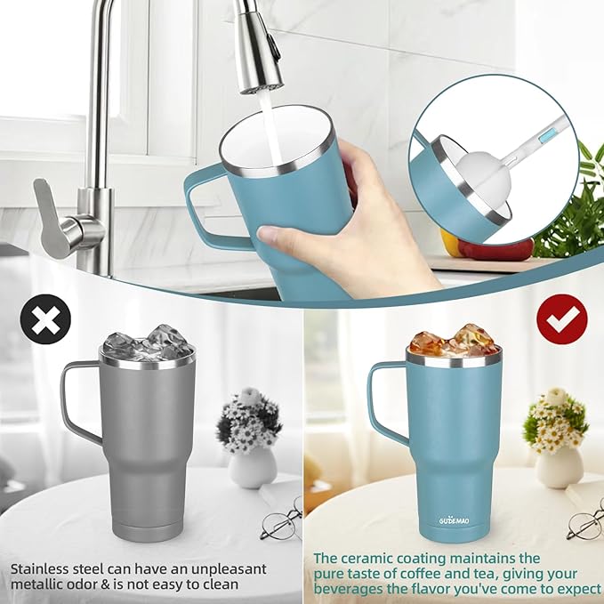 20 oz Insulated Coffee Mug with Ceramic Coating, Stainless Steel Travel Mug Tumbler with Handle Lid and Straw, Double Wall Leak-Proof Coffee Travel Mug Keeps Drink Hot and Cold (Lake Green)