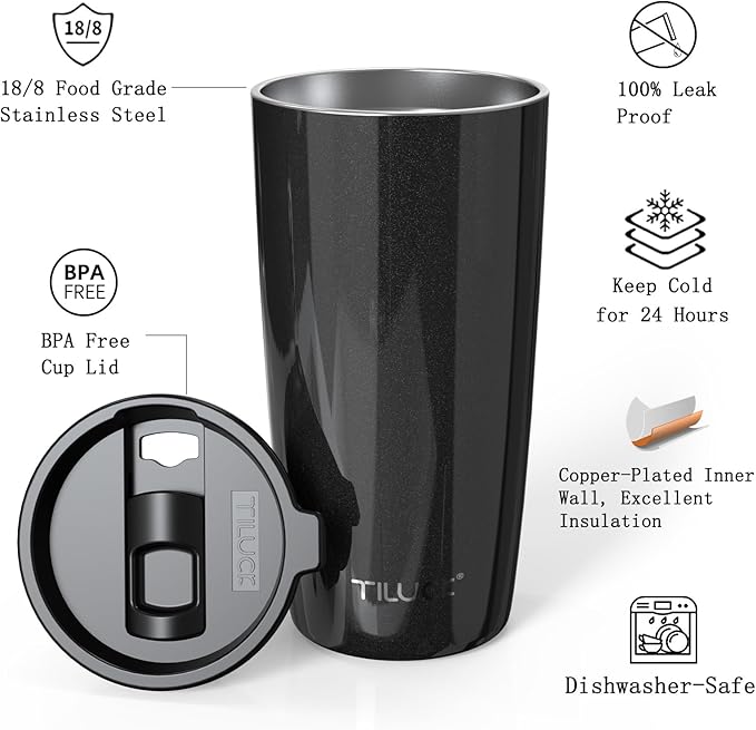 TILUCK 20 oz Tumbler with Leak-Proof Lid, Vacuum Insulated Stainless Steel Coffee Mug, Double-Walled Travel Tumbler for Hot and Cold Drinks(GlitterBlack, 20oz)