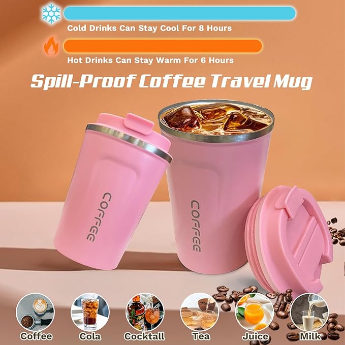 Travel coffee mugs leak-proof, reusable coffee cups with lids, stainless steel vacuum thermos coffee tumblers,thermal insulation cups for men and women hot & cold drinks(2nd-Pink, 17OZ)