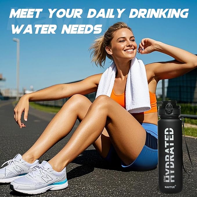 Water Bottle, 32oz Sports Water Bottles with Time Marker Wide Mouth, Motivational and Leakproof Drink Bottle, BPA Free Tritan with Carry Strap for Gym Fitness Outdoor (Direct Drink 1 Bottle)