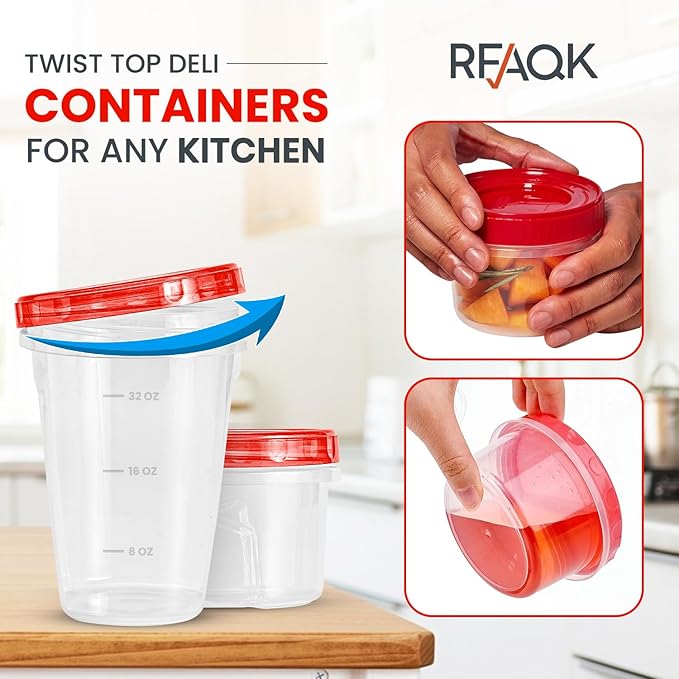 RFAQK 16 PCS Freezer Storage Containers-[16 * 32 & 16 oz] Plastic Food Storage Containers with Twist Top Lids-Leakproof Jars-Deli Container Stackable Meal Prep Reusable Box for Lunch,Soup,Oats,Gym