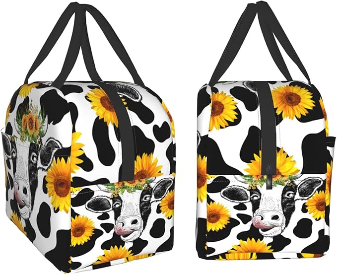 Sunflower Cow Print Portable Lunch Tote Bag Reusable Cute Lunch Box for Men or Women Perfect for office/Camping/Hiking/Picnic/Beach/Travel