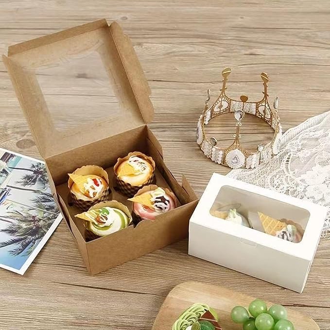 30-Set Cupcake Boxes Bulk with Clear Display Window Hold 4 Standard Cupcakes, Disposable Food Grade Brown Cupcake Carrier Cupcake Container, Perfect for Cupcakes Muffins Cookies Pastries