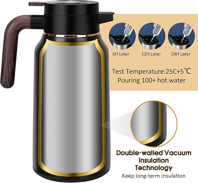 68oz Thermal Coffee Carafe, Stainless Steel Carafes for Hot Liquids 24 Hours, Insulated Coffee Carafes For Keeping Hot Coffee, Hot Water, Tea, Hot Beverage (2 Pack Black)