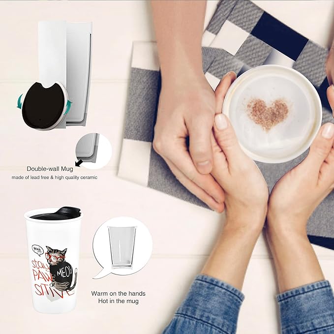 Ceramic Travel Coffee Mug, Reusable White Mug Unique To Go Coffee Cup with Splash Resistant Lid, Cute Travel Mugs for Cat Mon Dad Cat Lovers, 12 Ounce, Funny MEOW with Glasses Decor (Stay Paw Sitive)