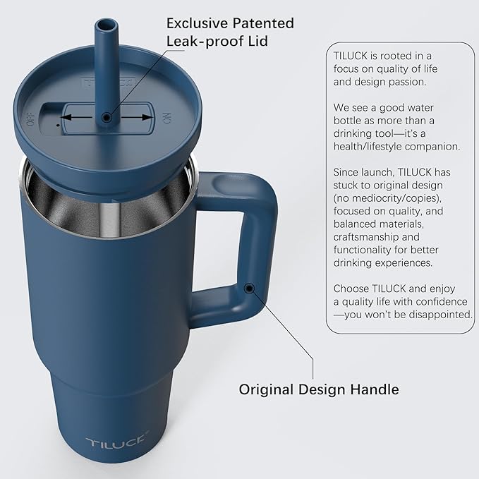 TILUCK 40 oz Tumbler with Handle, Vacuum Insulated Stainless Steel Travel Mug with 100% Leak-Proof Silicone Straw Lid, Cupholder Friendly Water Bottle(DarkBlue, 40oz)