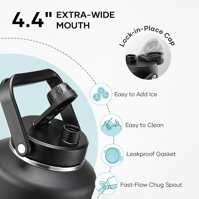 BUZIO 2 Gallon Water Bottle Insulated, (Cold for 48 Hrs) 256oz Extra Large Water Jug Stainless Steel, 4.4in Big Wide Mouth Leak Proof Metal Flask with Handle for Camping,Outdoor Work,Travel, Black