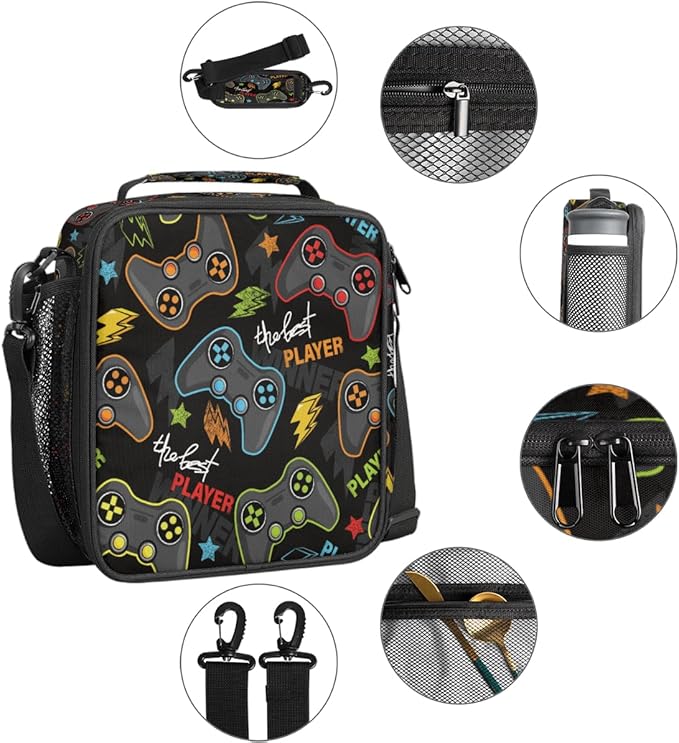 Abstract Joystick Game Lunch Bag Box for Kids Boys Girls Black Insulated Lunch Tote Bag with Adjustable Shoulder Strap Reusable Waterproof Thermal Cooler Bag for School Work Picnic Women Men