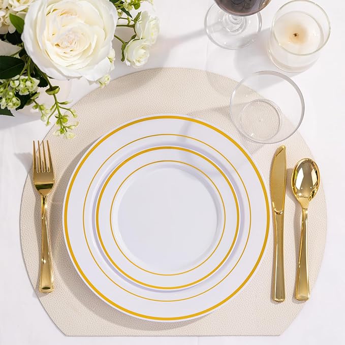 WELLIFE 300 PCS Gold Dinnerware Set for 50 Guests, Gold and White Disposable Plastic Plates for Party, 50 Dinner & Salad Plates, 50 Cups Forks Knives Spoons for Wedding and Party Supplies