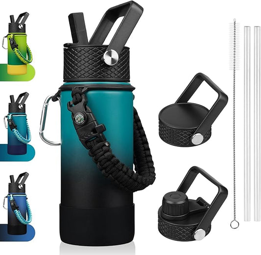 BJPKPK Water Bottle with Straw Lid, 18oz Insulated Water Bottles with 3 Lids, Paracord Handle & Non-slip Boot, Metal Stainless Steel Thermo, BPA Free Leak Proof Cups, Tumblers,Army Green & Black