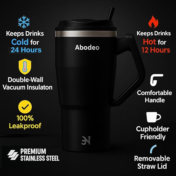 40 oz Insulated Coffee Tumbler, Stainless Steel Tumblers with Rotatable Handle, Straw & Leak Proof Lid | Travel Coffee Mug, Double Wall Insulation - Fits Most Car Cup Holders (Black)