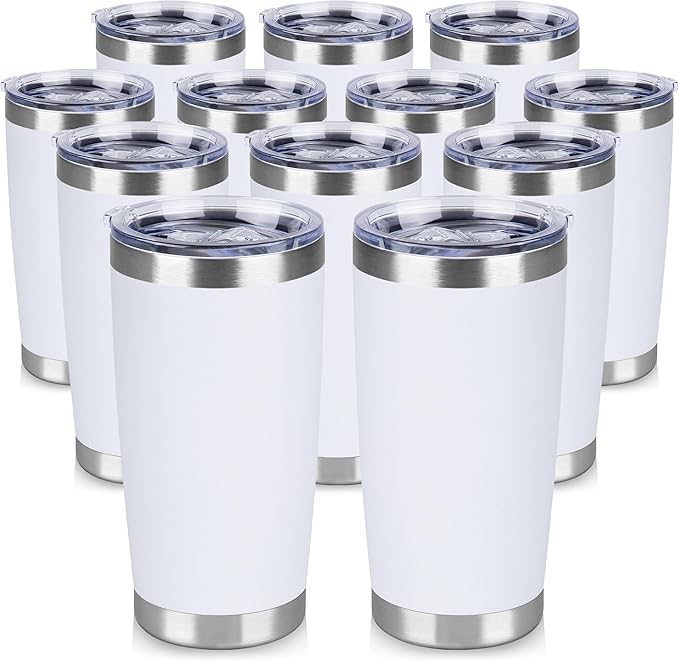 20 oz Tumbler Stainless Steel Tumblers Bulk with Lid Double Wall Insulated Coffee Tumbler Cups for Hot & Cold Drinks Powder Coated Travel Coffee Tumbler Mug Metal (White, 12 pack)