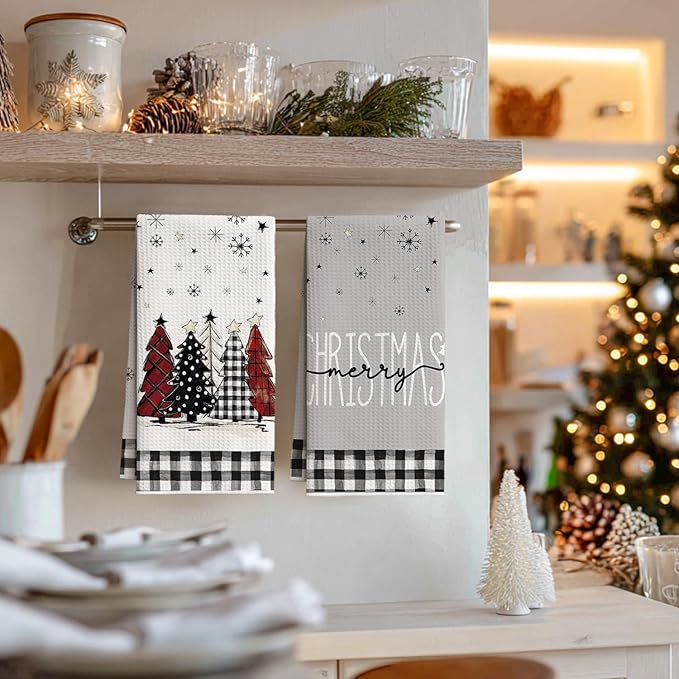 Artoid Mode Black Buffalo Plaid Xmas Tree Christmas Bar Kitchen Towels, 12x24 Inch Quick Dry Microfiber Cloth Dish Towels for Kitchen Drying Set of 2