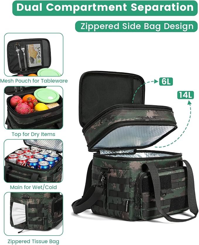 RalChyez Tactical Lunch Bag, 20L Large Heavy Duty Double Deck Insulated Lunch Box Leakproof Expandable Tote Cooler with Shoulder Strap for Adult Men Women Work Fishing Picnic Travel Acu Camo
