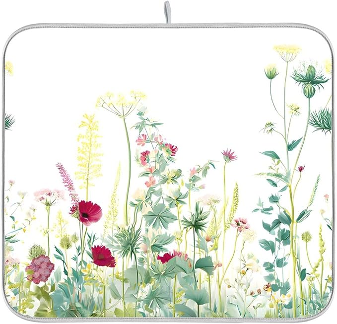 Spring Summer Herbs Flowers Plants Dish Drying Mat for Kitchen Counter Absorbent Dish Drainer Mats Drying Pads 16"x18"