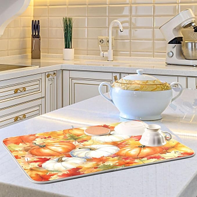 Watercolor Pumpkins Autumn Leaves Dish Drying Mat for Kitchen Counter Super Absorbent Dishes Pad Reversible Microfiber Protector Dish Draining Mats 18x24 inch