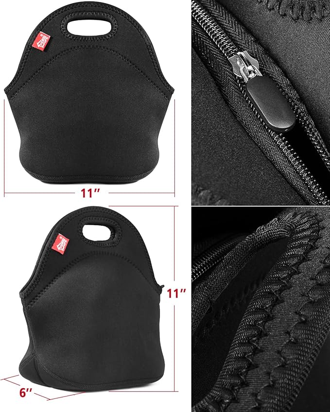 yookee home Black Lunch Bag, Insulated Lunch Box, Thick and Reusable Thermal Lunch Tote Bag, Small Neoprene Lunchbags with Zipper for Adults Kids Nurse Teacher School Work Outdoor Travel Picnic