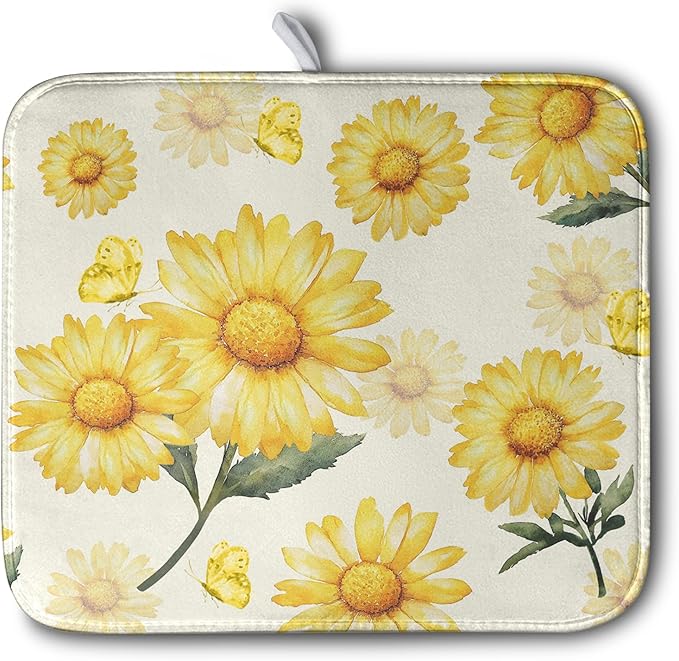 Yellow Sunflower Dish Drying Mat for Kitchen Counter Summer Daisy Floral Dishes Pad Farmhouse Flower Dish Draining Microfiber Absorbent Dish Drainer Rack Mat Large 16x18 Inch