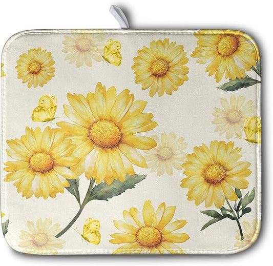 Yellow Sunflower Dish Drying Mat for Kitchen Counter Summer Daisy Floral Dishes Pad Farmhouse Flower Dish Draining Microfiber Absorbent Dish Drainer Rack Mat Large 16x18 Inch