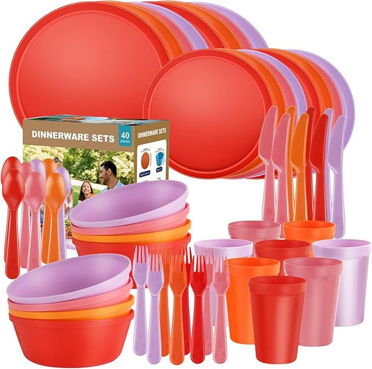 40 Piece RV and Camping Dinnerware Set, Microwave Safe Plates and Bowls Set for 8 with Cutlery, Lightweight & Unbreakable, The Perfect Melamine Alternative Boho