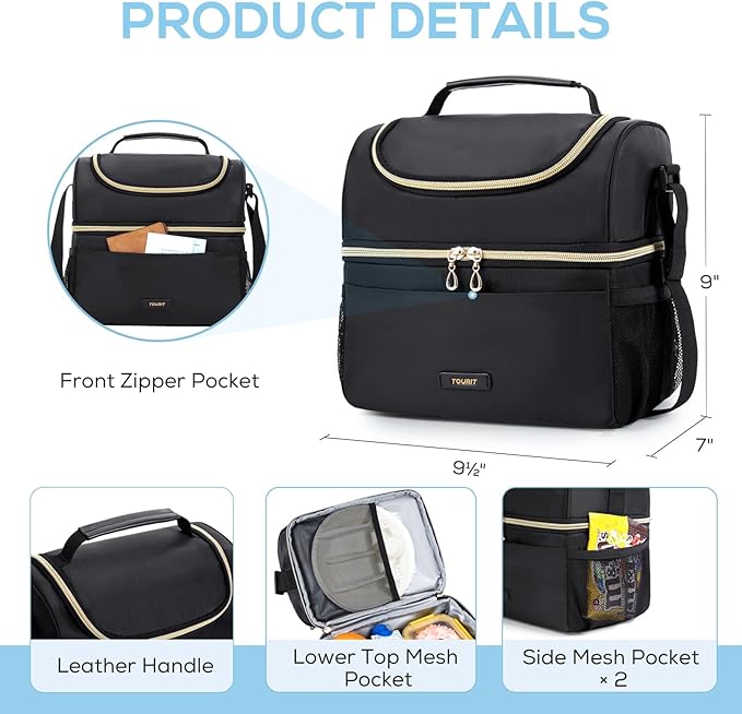TOURIT Insulated Lunch Bag with Dual Compartment, Leakproof Cooler Tote for Work Office Picnic, Thermal Food Container Black