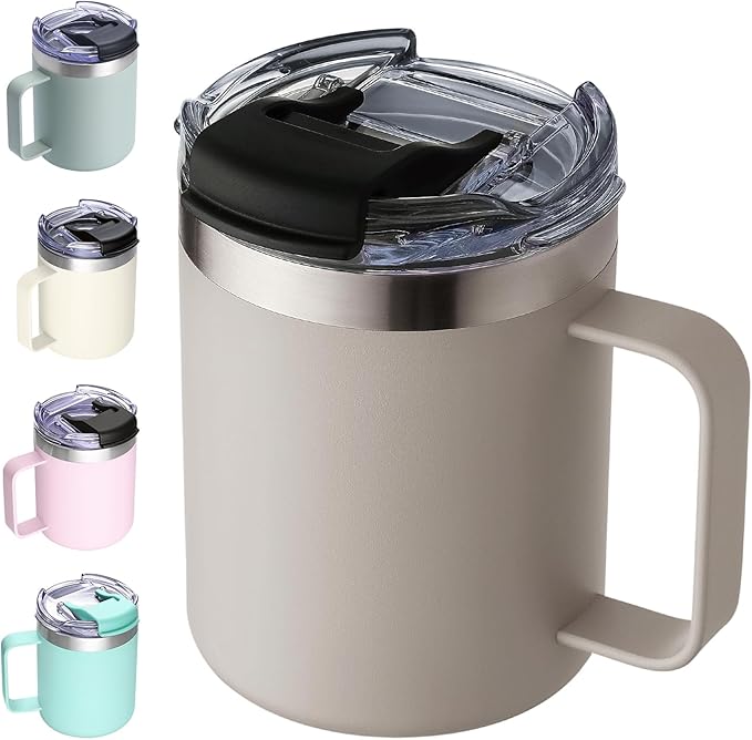 ALOUFEA 12oz Insulated Coffee Mug Cup with Handle, Stainless Steel Travel Coffee Mug with Flip Lid, Double Wall Vacuum Coffee Tumbler,Apricot
