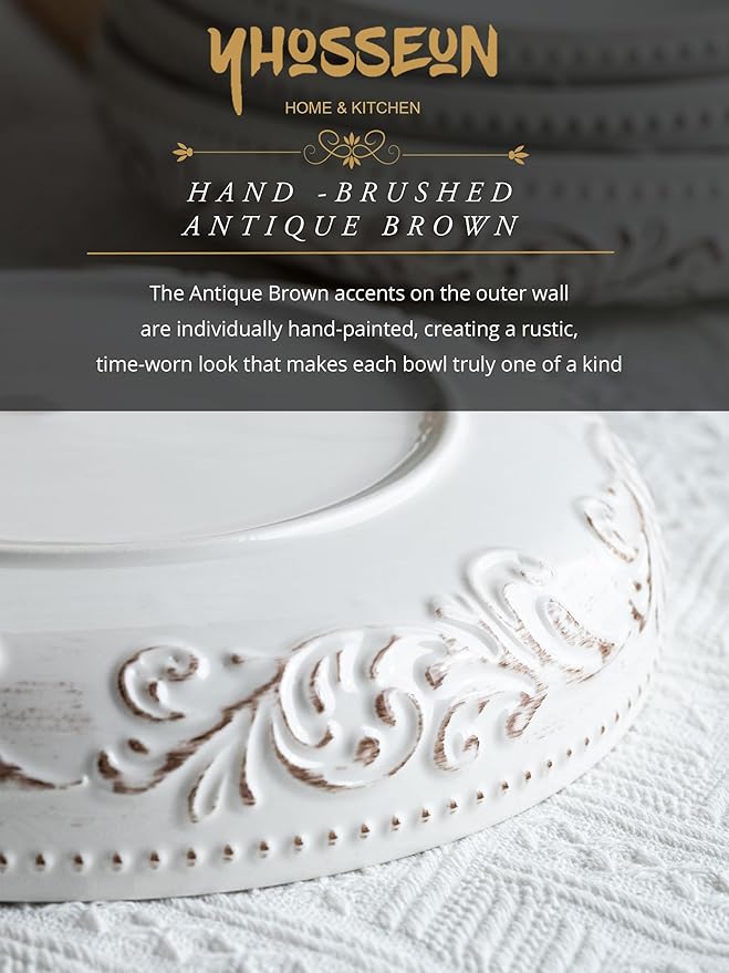 YHOSSEUN Pasta Bowls Set of 4, 50 OZ Large Salad Serving Bowls, 9.75" Pasta Plates Shallow Bowls Set, Microwave Dishwasher Safe, Antique Morning Glory