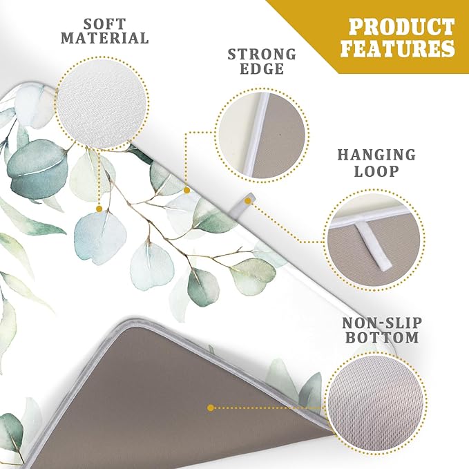 Sage Green Dish Drying Mats for Kitchen Counter Large Drying Mat for Dishes Microfiber Dish Rack Mat Kitchen Decor Spring Leaf Flower Drainer Pad Washable Foldable Ultra Absorbent Dry Mat 18×24 Inch