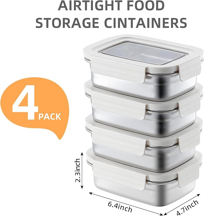 BEFOY Stainless Steel Snack Food Storage Container with Lids 4PCS 22.8OZ Leak Proof & Airtight Bento Box Lunch Container for Kitchen Meal Prep freezer Rectangular,Reusable & Stackable(white)