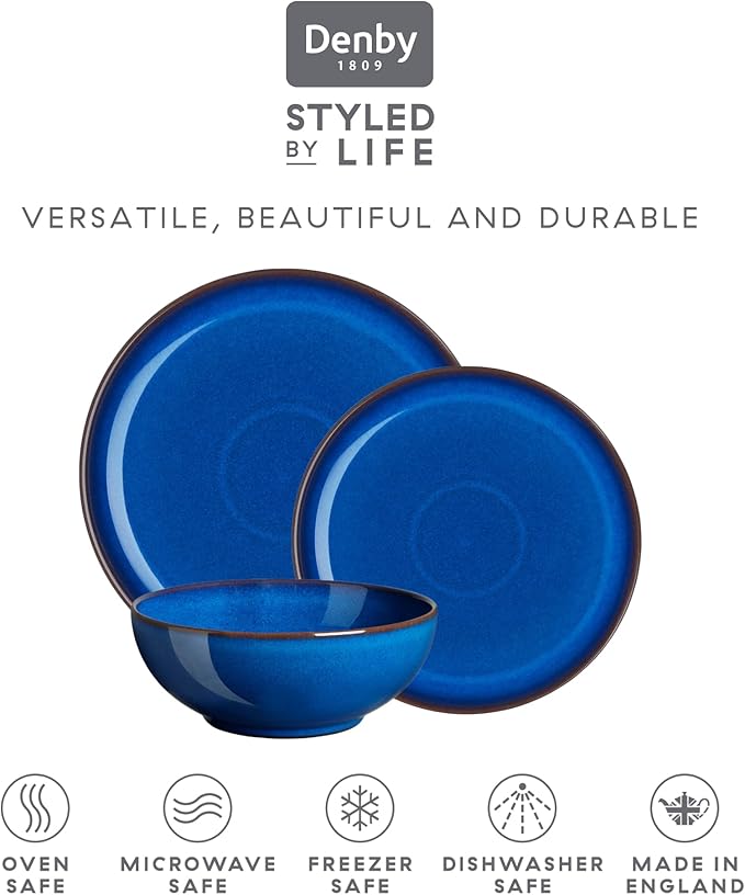 Denby - Imperial Blue 12 Piece Coupe Dinner Set For 4 - Ceramic Tableware Plate & Bowl Set - Dishwasher Microwave Safe Crockery - 4 x Dinner Plates, Small Plates, Cereal Bowls - Chip & Crack Resistant