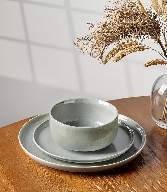 TheTerra Ceramic Dinnerware Sets for 4, 12 Pieces Handmade Reactive Glaze Plates and Bowls Set, Scratch Resistant Dish Set, Oven & Microwave & Dishwasher Safe, Sea Foam