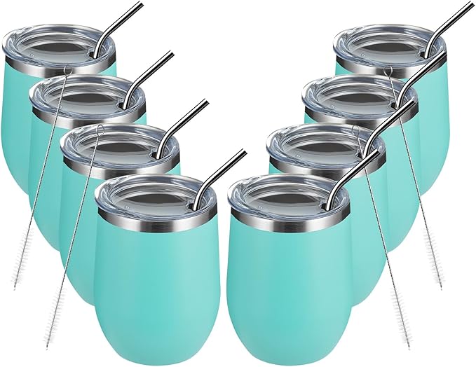 MEWAY 12oz/8 Pack Wine Tumbler Glasses with Lid - Stemless Double Wall Vacuum Stainless Steel Travel Tumbler - Keeping Cold & Hot for Wine,Coffee,Cocktails,Gifts (Light green,Set of 8)