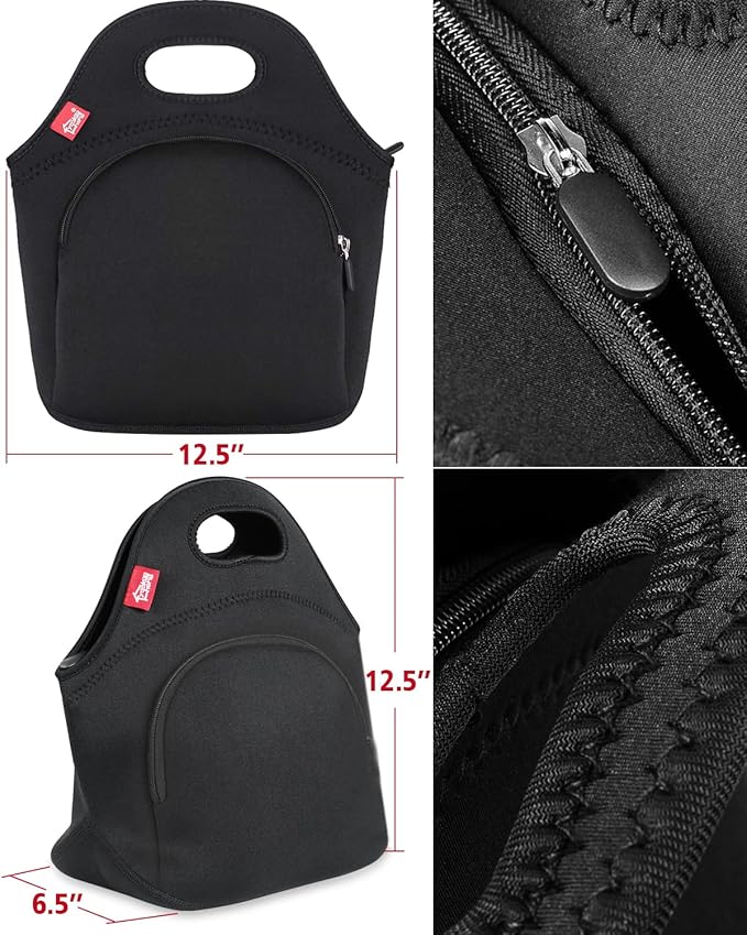 yookee home Waterproof Lunch Bag Double Layer Leakproof Neoprene Insulated Lunch Bag Freezable Black Reusable Thermal Lunch Cooler Tote Lunch Box for Boys Men Women Adult Kids for Work Outdoor