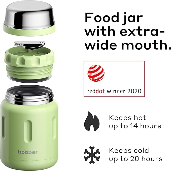 BOBBER 24 oz Insulated Stainless Steel Thermos for Hot Food, Extra-Wide Mouth Soup Container with Spoon and Bowl - Keeps Rice and Pasta Hot for 14 Hours and Salads Cold for 20 Hours (Green)
